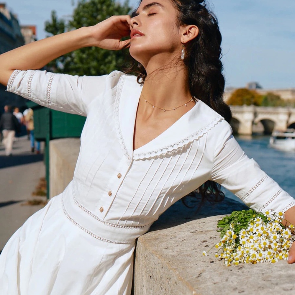 Simple Retro White Cotton Midi Dress